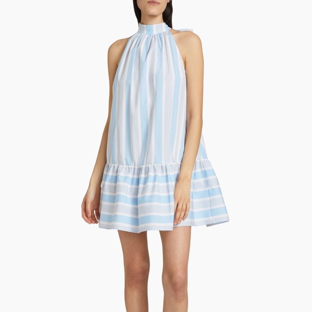 STAUD Dress‎ Womens Med Blue White Striped Halter Mini Drop Waist Ruffle Coastal
